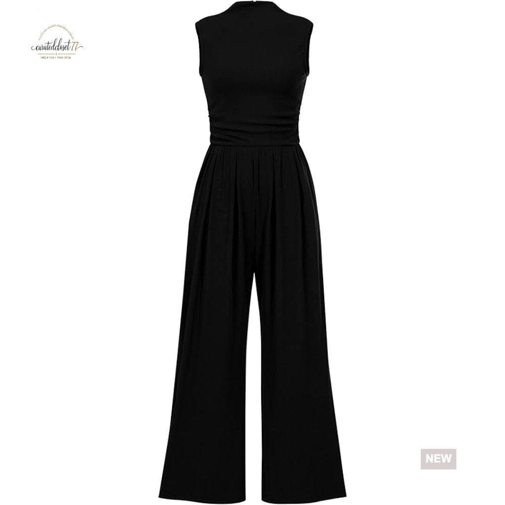 Sleeveless Mock Neck Wide Leg Jumpsuit With Pockets, Size Medium